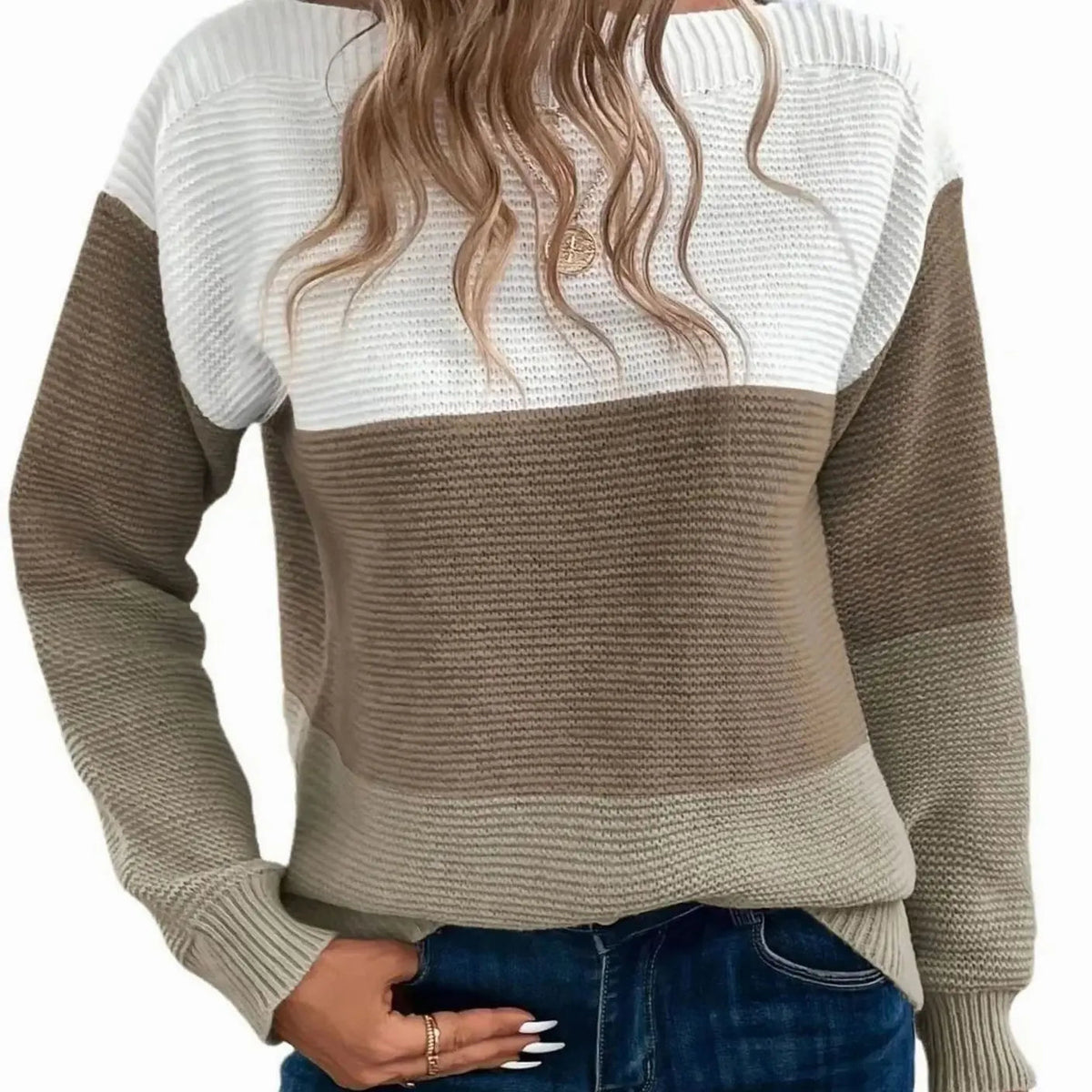 Jersey de cachemira para mujer con cuello alto, bloques de color y corte relajado