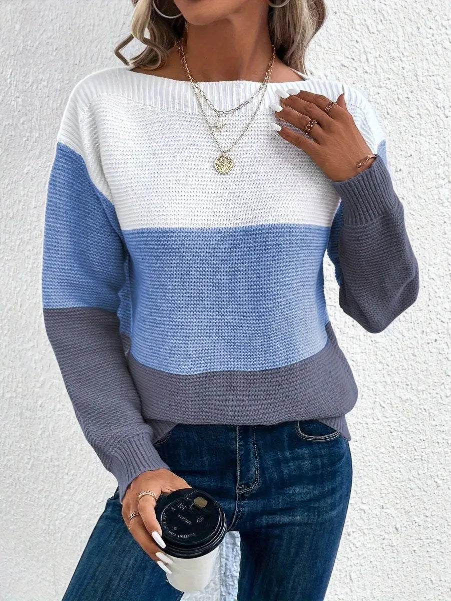 Jersey de punto para mujer de manga larga, con bloques de color y corte relajado