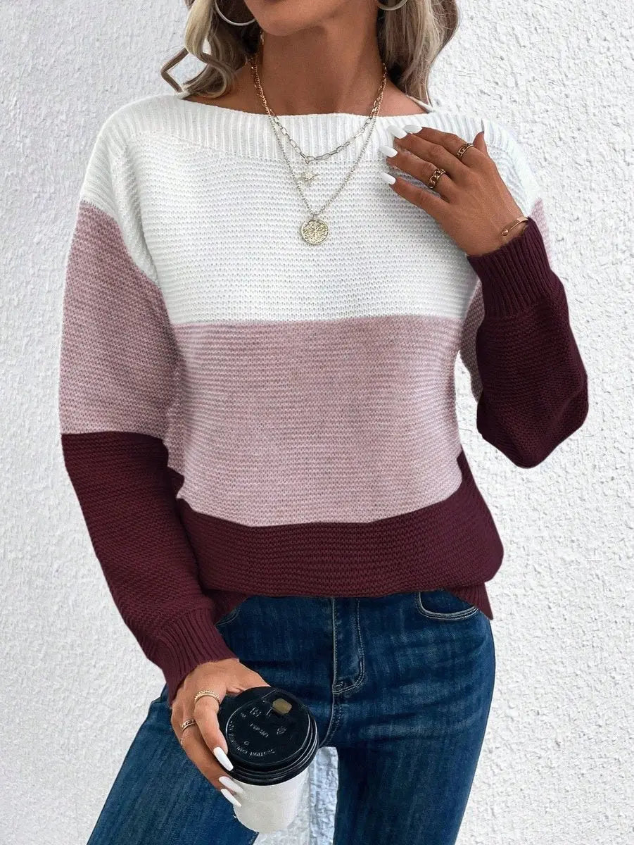 Jersey de punto para mujer de manga larga, con bloques de color y corte relajado