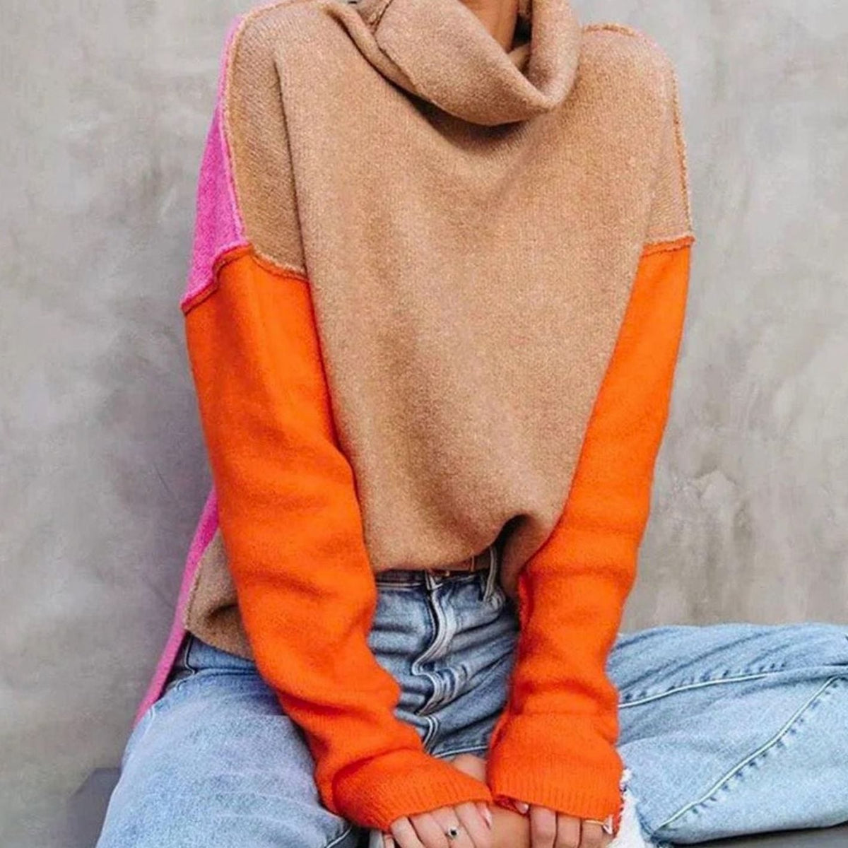 Jersey de punto para mujer con cuello alto, bloques de color y corte relajado