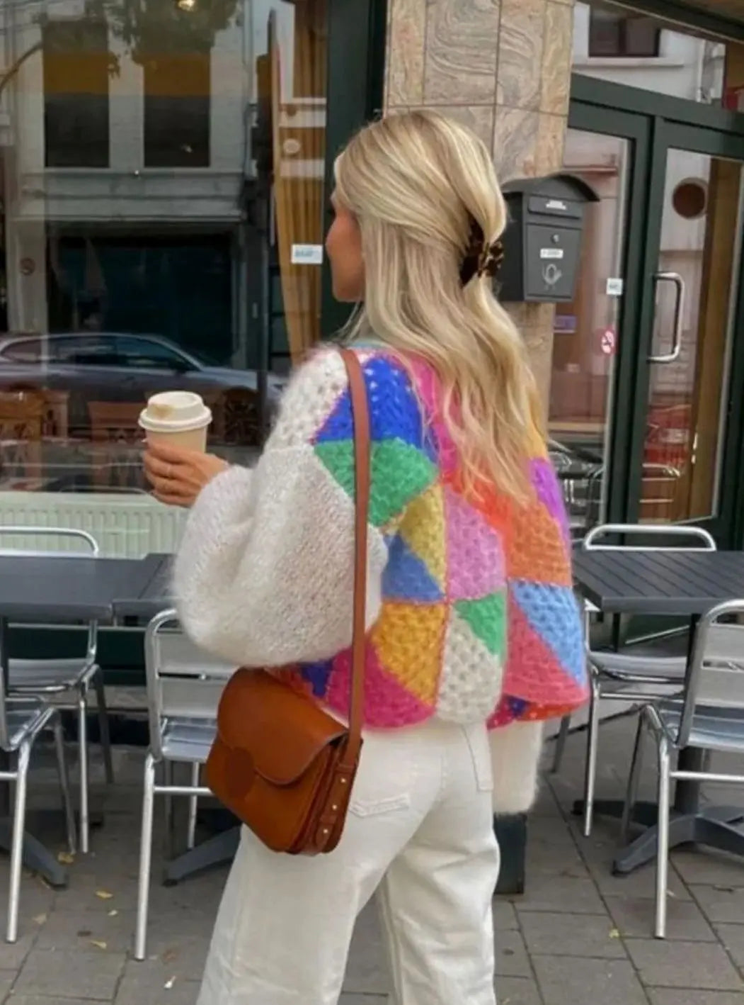 Jersey corto de punto para mujer con bloques de color, diseño de patchwork y textura mullida