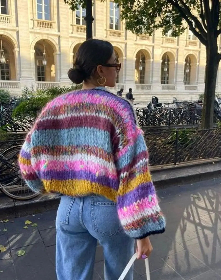 Jersey corto de punto para mujer con bloques de color, diseño de patchwork y textura mullida