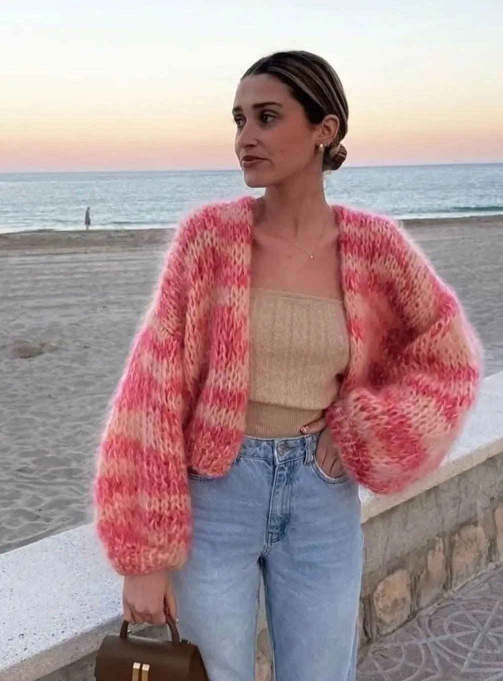 Jersey corto de punto para mujer con bloques de color, diseño de patchwork y textura mullida
