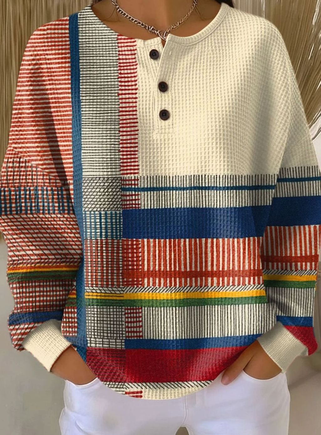 Jersey de punto waffle para mujer con diseño de bloques de color y cuello Henley