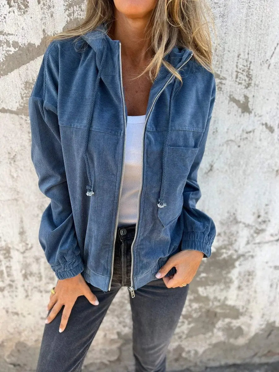 Chaqueta acolchada de pana con capucha y cremallera para mujer, corte oversize