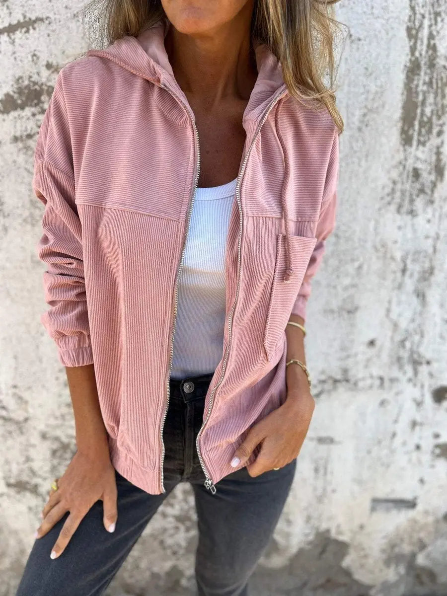 Chaqueta acolchada de pana con capucha y cremallera para mujer, corte oversize