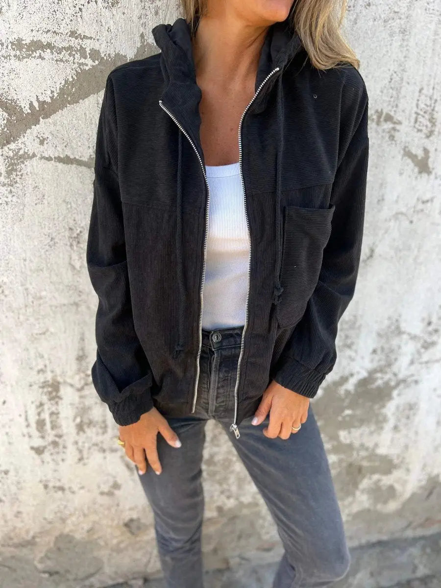 Chaqueta acolchada de pana con capucha y cremallera para mujer, corte oversize