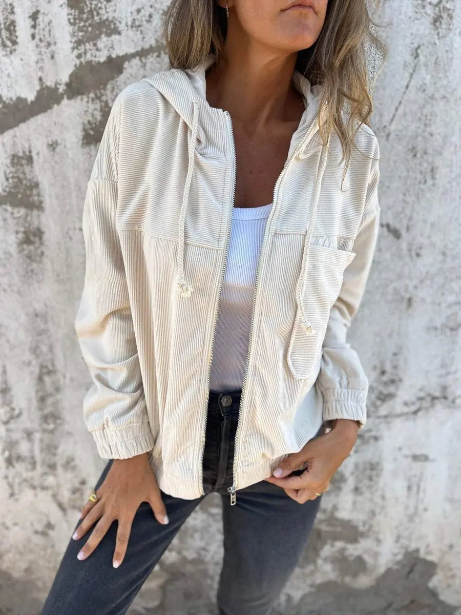 Chaqueta acolchada de pana con capucha y cremallera para mujer, corte oversize