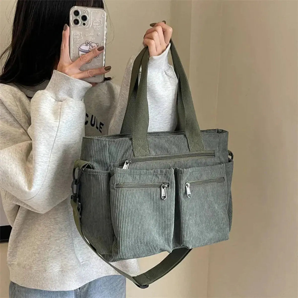 Bolso tote de pana para mujer con múltiples bolsillos y asa para el hombro