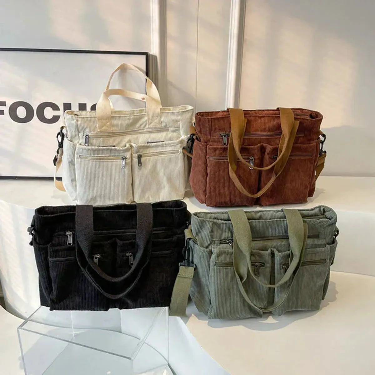 Bolso tote de pana para mujer con múltiples bolsillos y asa para el hombro