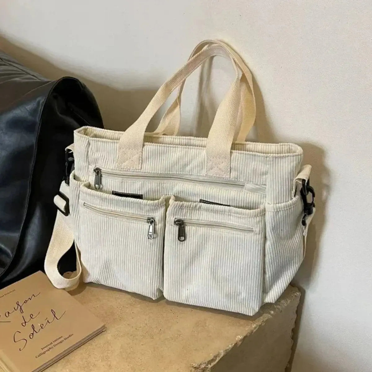 Bolso tote de pana para mujer con múltiples bolsillos y asa para el hombro