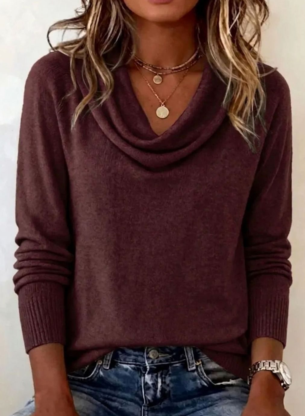 Suéter de punto suave para mujer con cuello drapeado y mangas largas