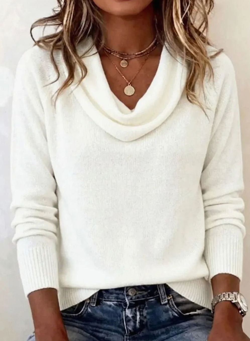 Suéter de punto suave para mujer con cuello drapeado y mangas largas