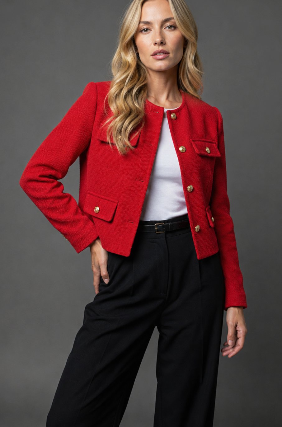 Blazer corto de tweed sin cuello para mujer con botones dorados y bolsillos con solapa