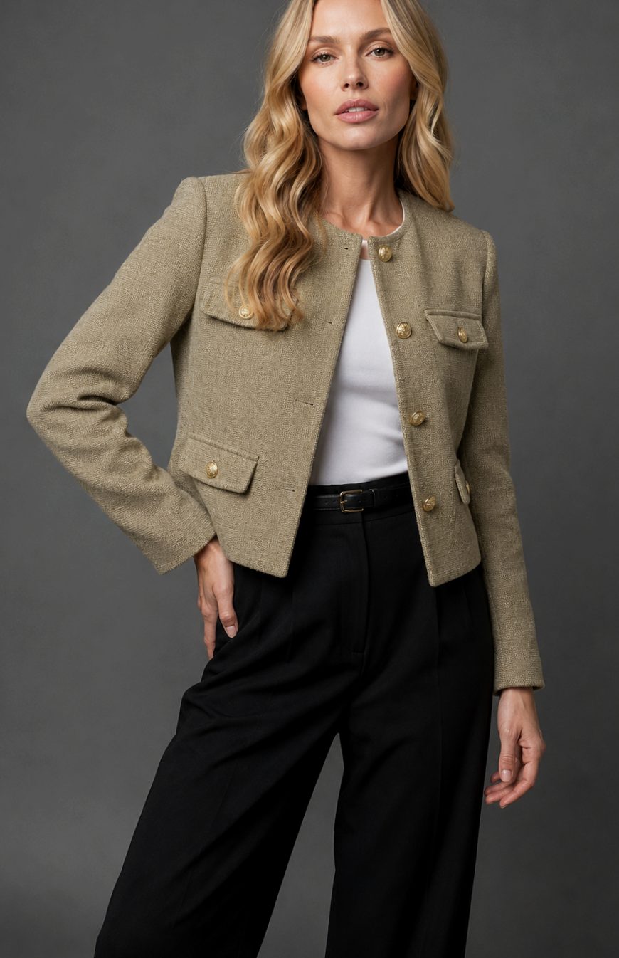 Blazer corto de tweed sin cuello para mujer con botones dorados y bolsillos con solapa