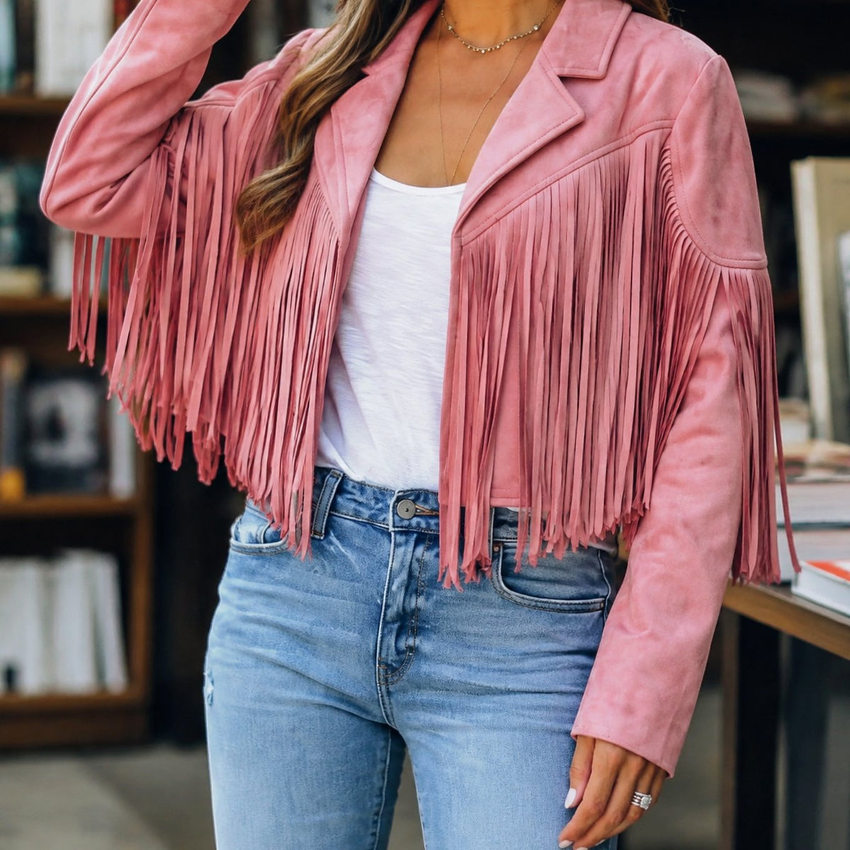 Chaqueta corta estilo western para mujer de ante sintético con flecos