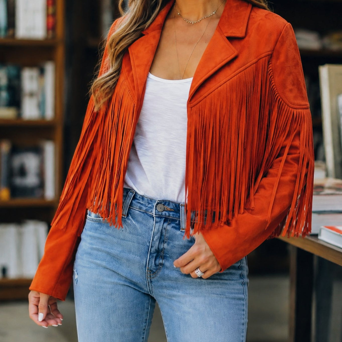 Chaqueta corta estilo western para mujer de ante sintético con flecos