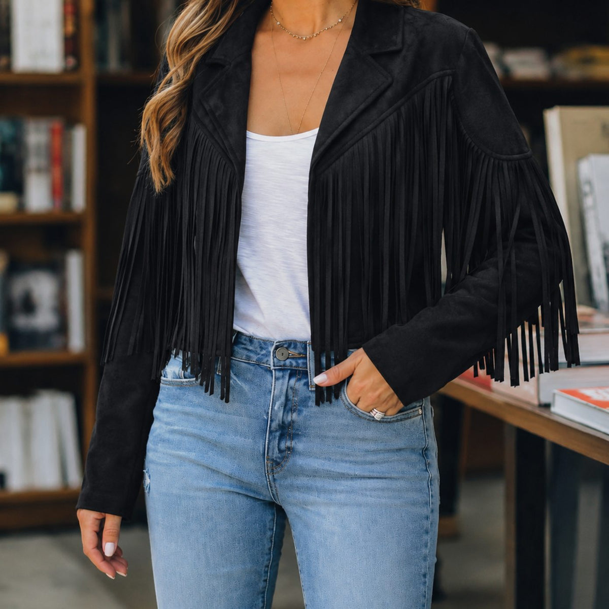Chaqueta corta estilo western para mujer de ante sintético con flecos