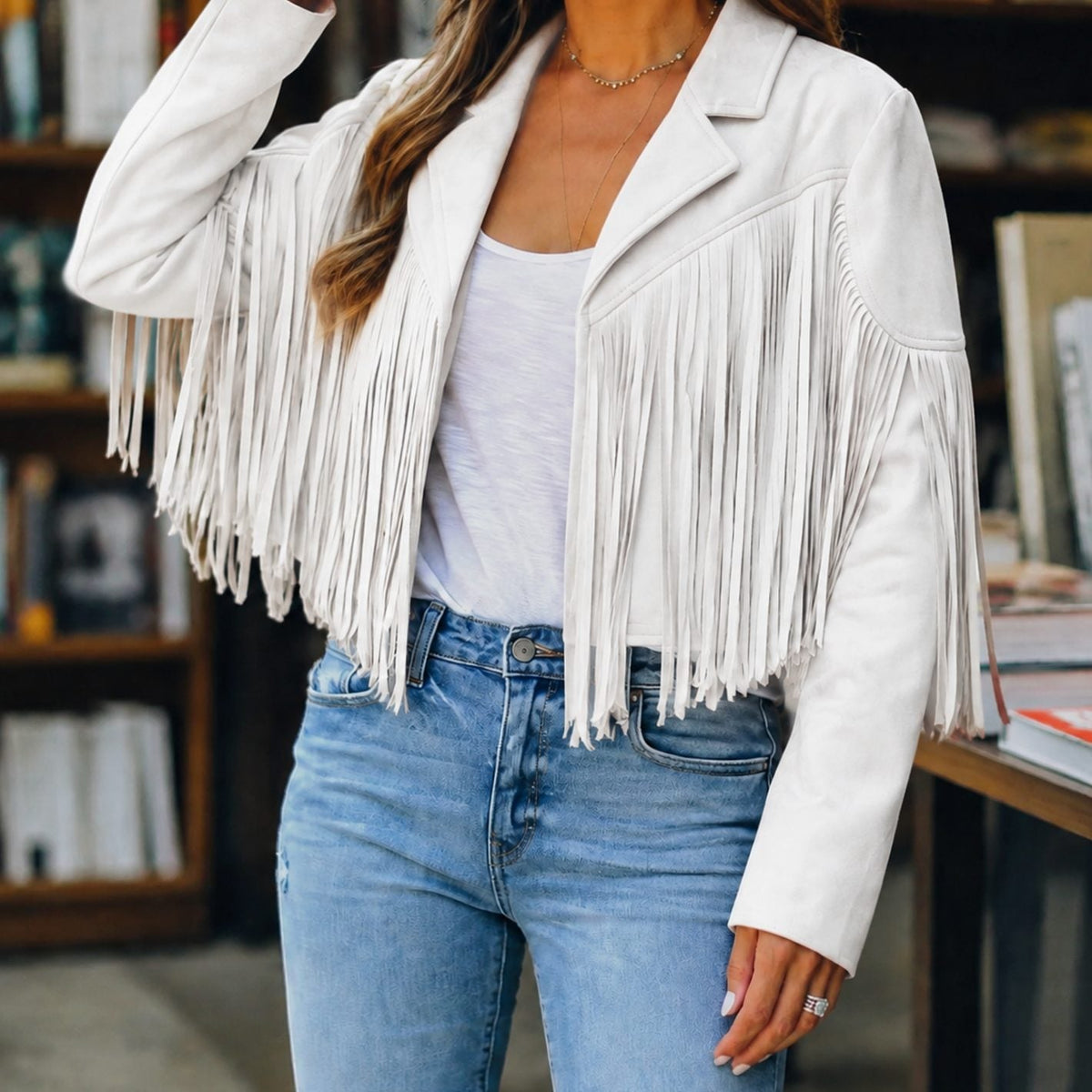 Chaqueta corta estilo western para mujer de ante sintético con flecos