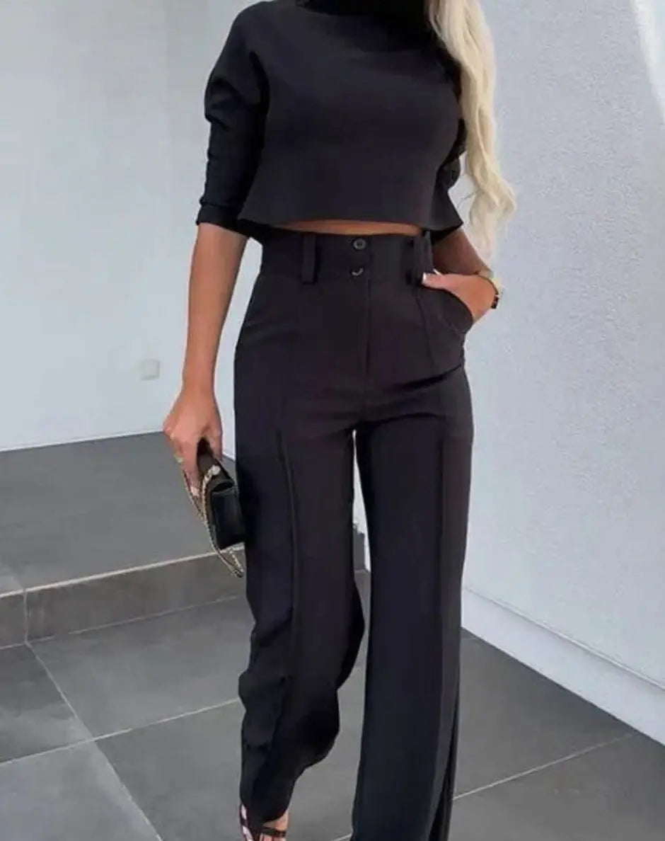 Conjunto de dos piezas para mujer con top corto a juego y pantalón de pierna ancha de talle alto