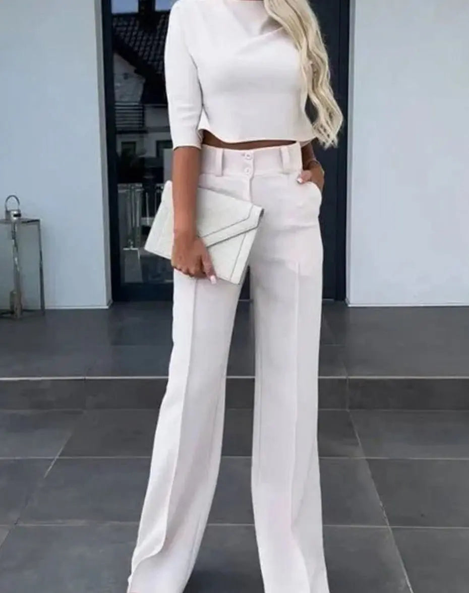 Conjunto de dos piezas para mujer con top corto a juego y pantalón de pierna ancha de talle alto