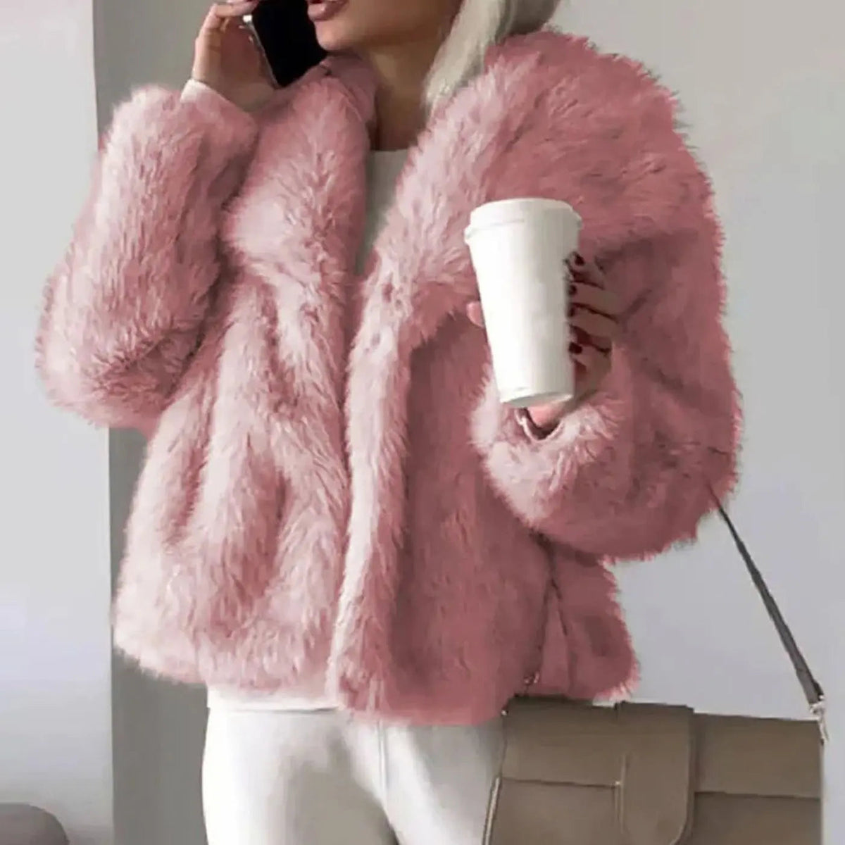 Chaqueta corta de invierno de piel sintética para mujer, abierta por delante