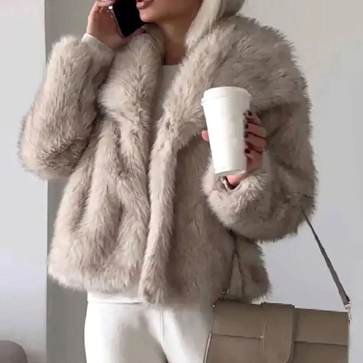 Chaqueta corta de invierno de piel sintética para mujer, abierta por delante