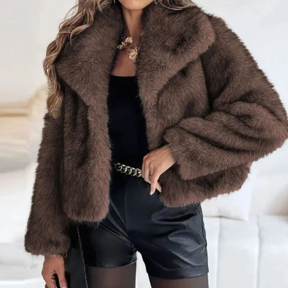 Chaqueta corta de invierno de piel sintética para mujer, abierta por delante