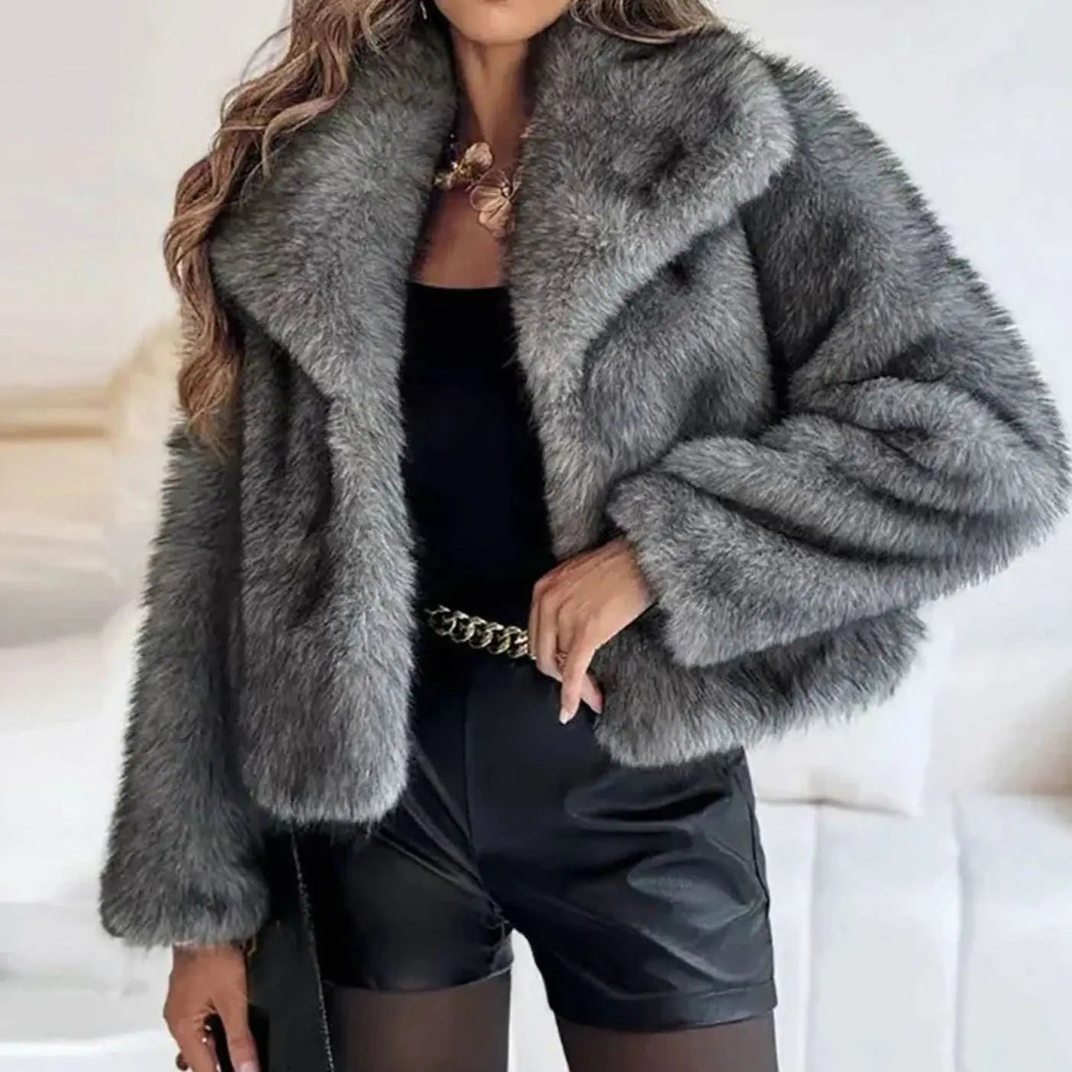 Chaqueta corta de invierno de piel sintética para mujer, abierta por delante