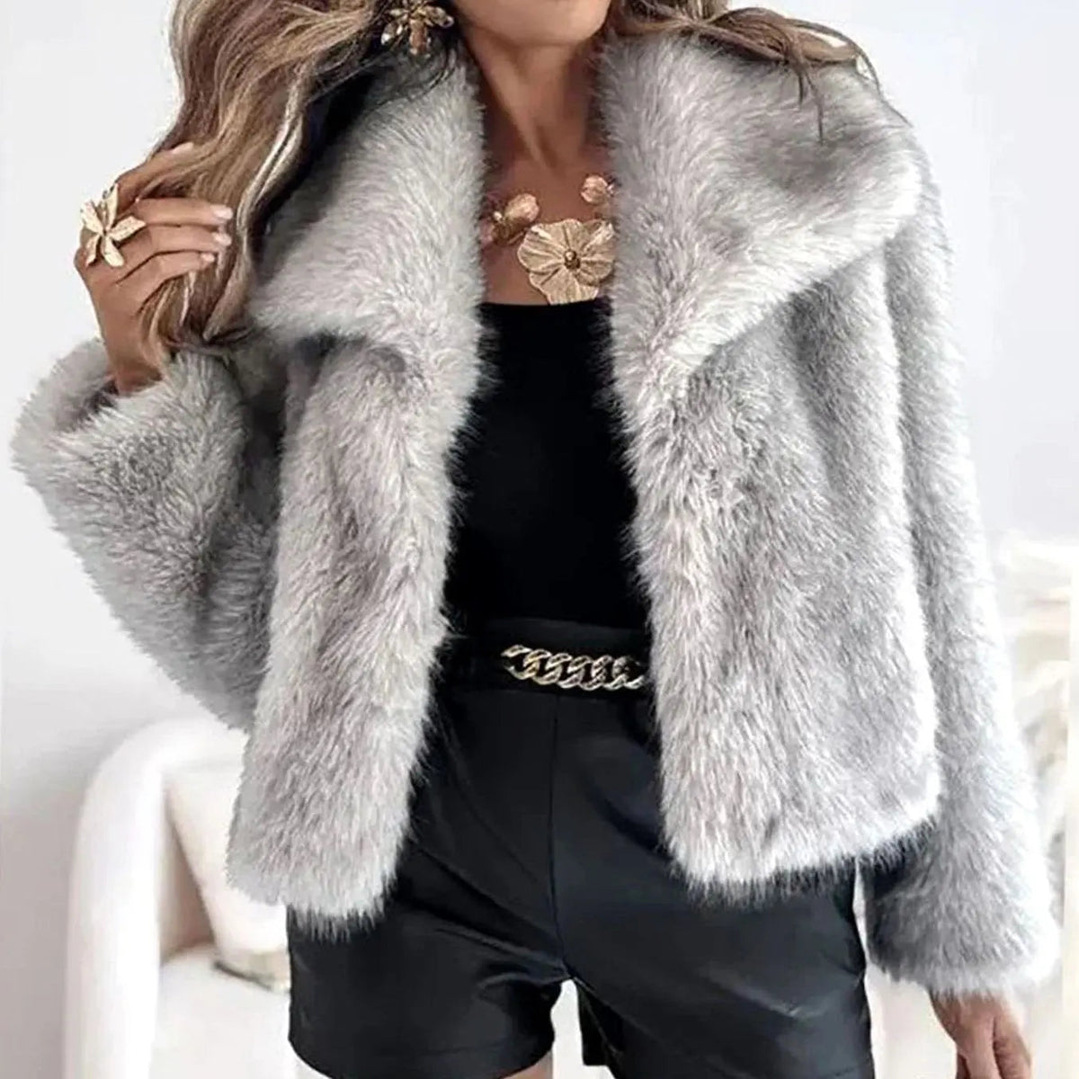 Chaqueta corta de invierno de piel sintética para mujer, abierta por delante