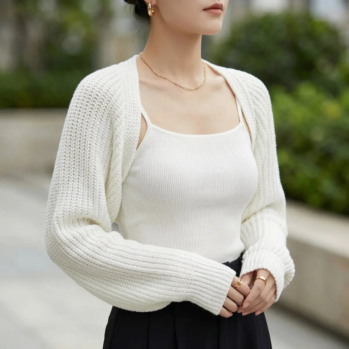 Cárdigan corto de punto acanalado para mujer, tipo bolero, con mangas raglán