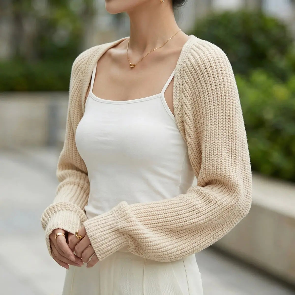 Cárdigan corto de punto acanalado para mujer, tipo bolero, con mangas raglán
