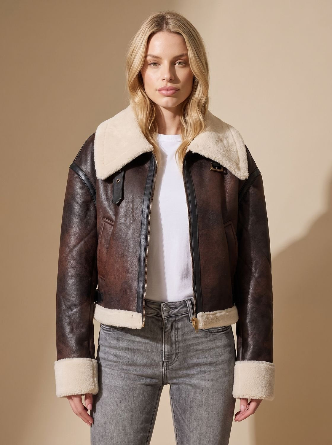 Emily | Chaqueta corta estilo aviador de cuero sintético con ribete de borreguito para mujer