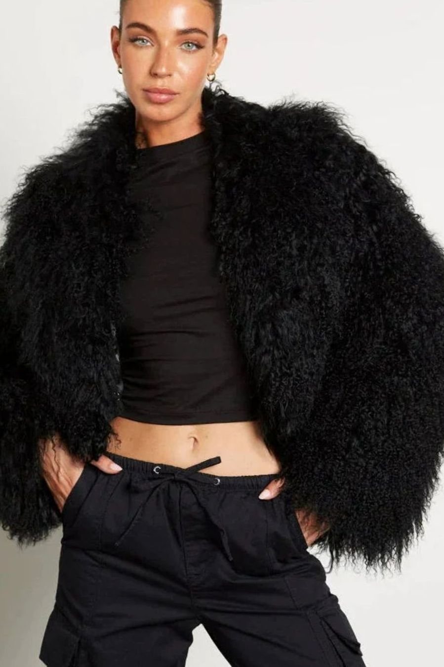 Chaqueta corta de piel sintética estilo teddy para mujer con mangas largas
