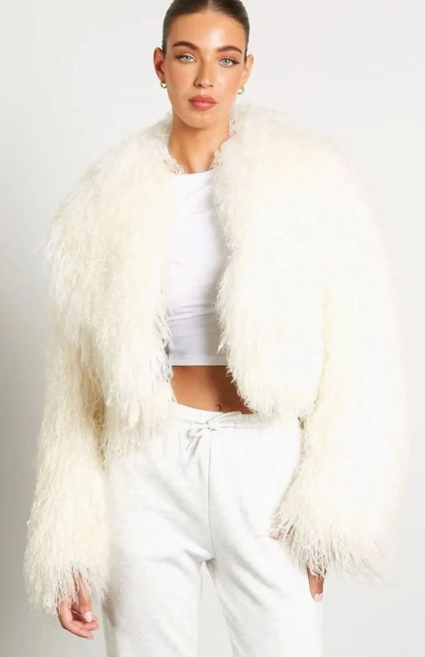Chaqueta corta de piel sintética estilo teddy para mujer con mangas largas