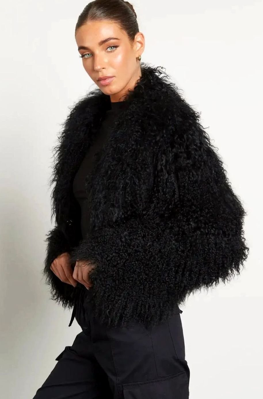 Chaqueta corta de piel sintética estilo teddy para mujer con mangas largas