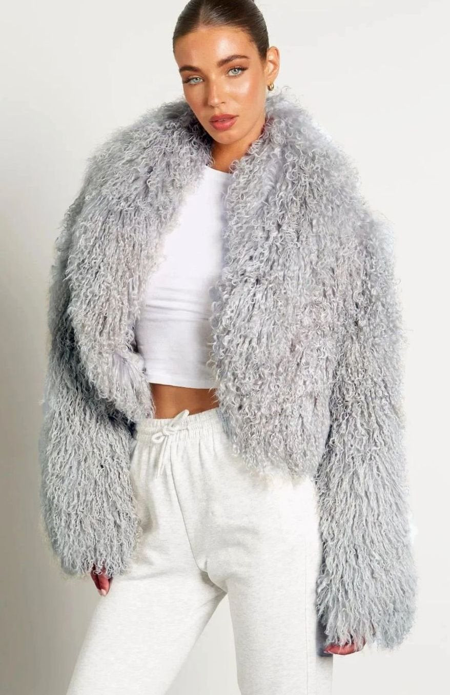 Chaqueta corta de piel sintética estilo teddy para mujer con mangas largas
