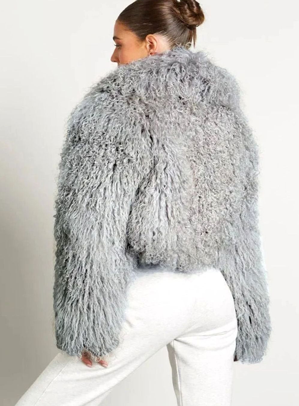 Chaqueta corta de piel sintética estilo teddy para mujer con mangas largas