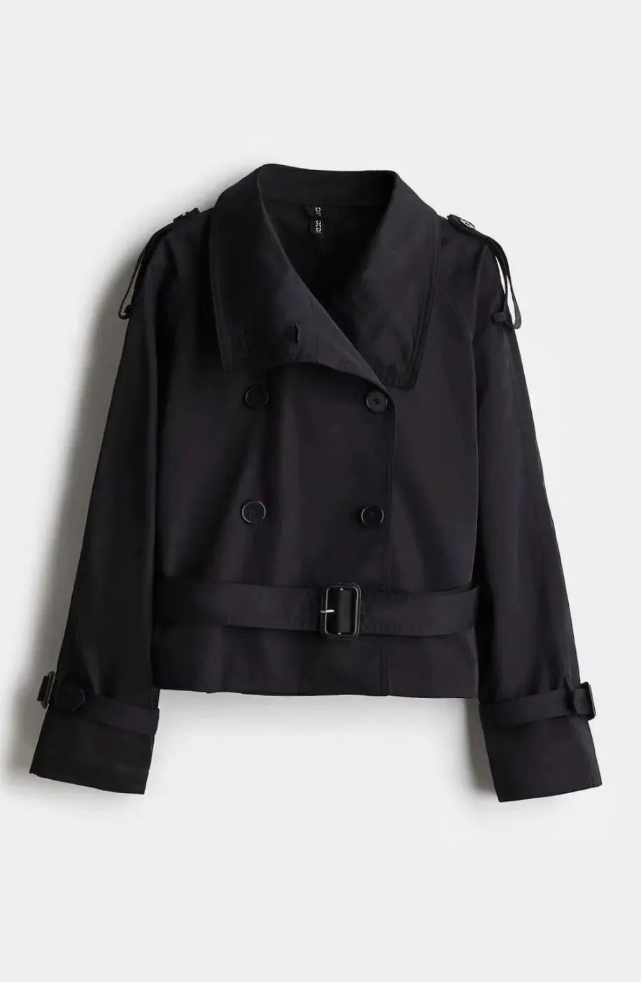 Chaqueta corta tipo gabardina para mujer con cuello alto y cinturón