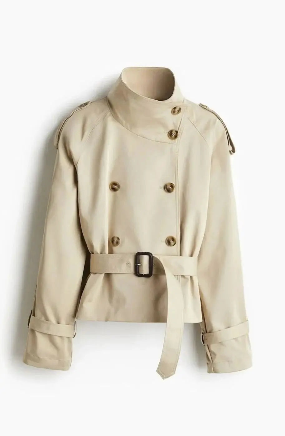 Chaqueta corta tipo gabardina para mujer con cuello alto y cinturón