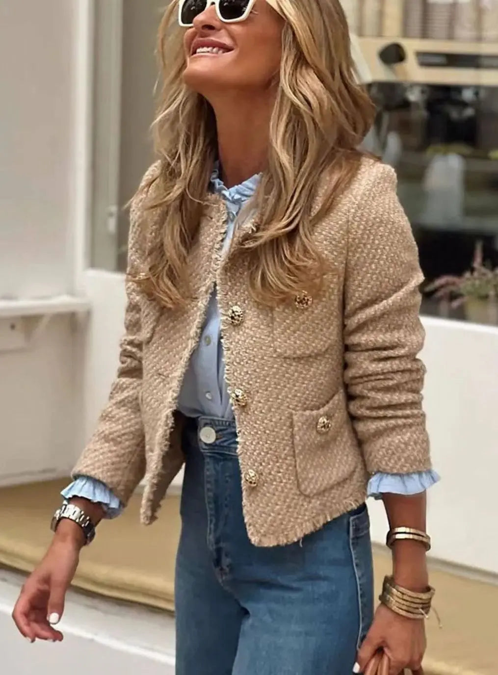 Blazer corto de tweed para mujer con botones dorados delanteros