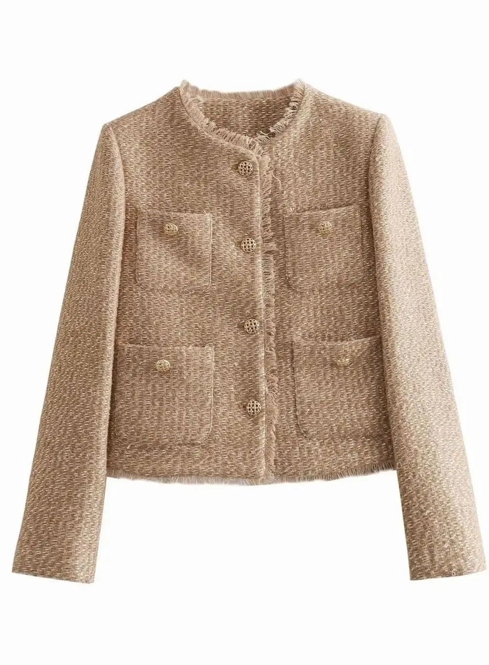 Blazer corto de tweed para mujer con botones dorados delanteros