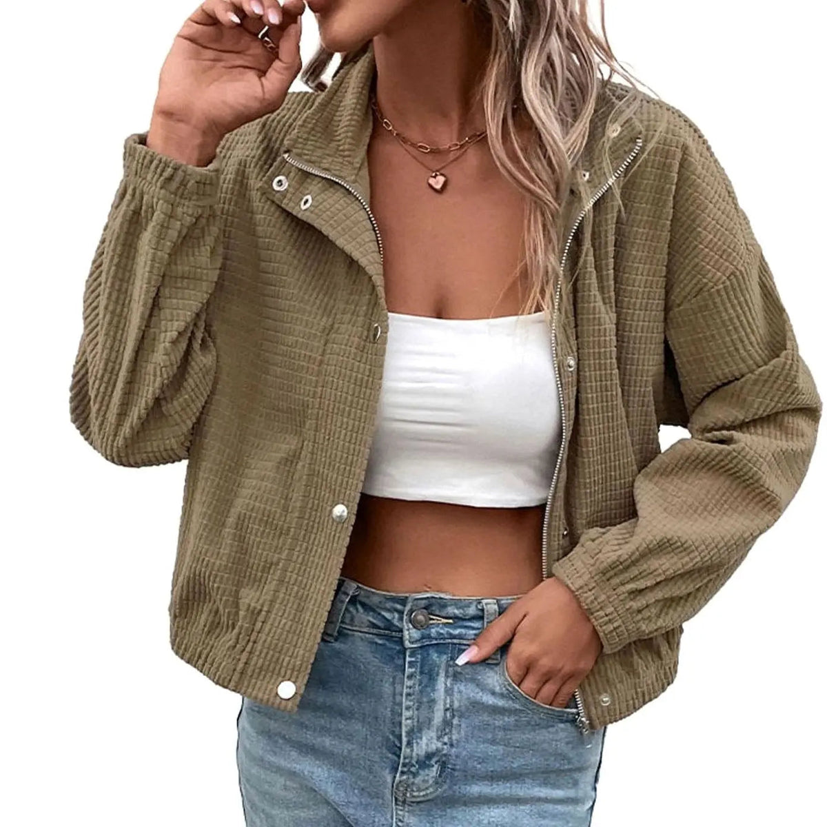 Chaqueta bomber corta para mujer con textura de gofre y botones delanteros