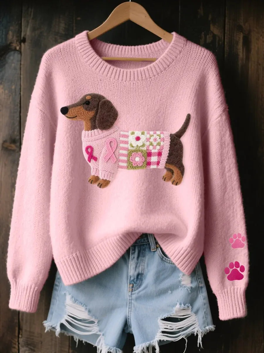 Suéter de punto para mujer con estampado floral y parches de perro salchicha