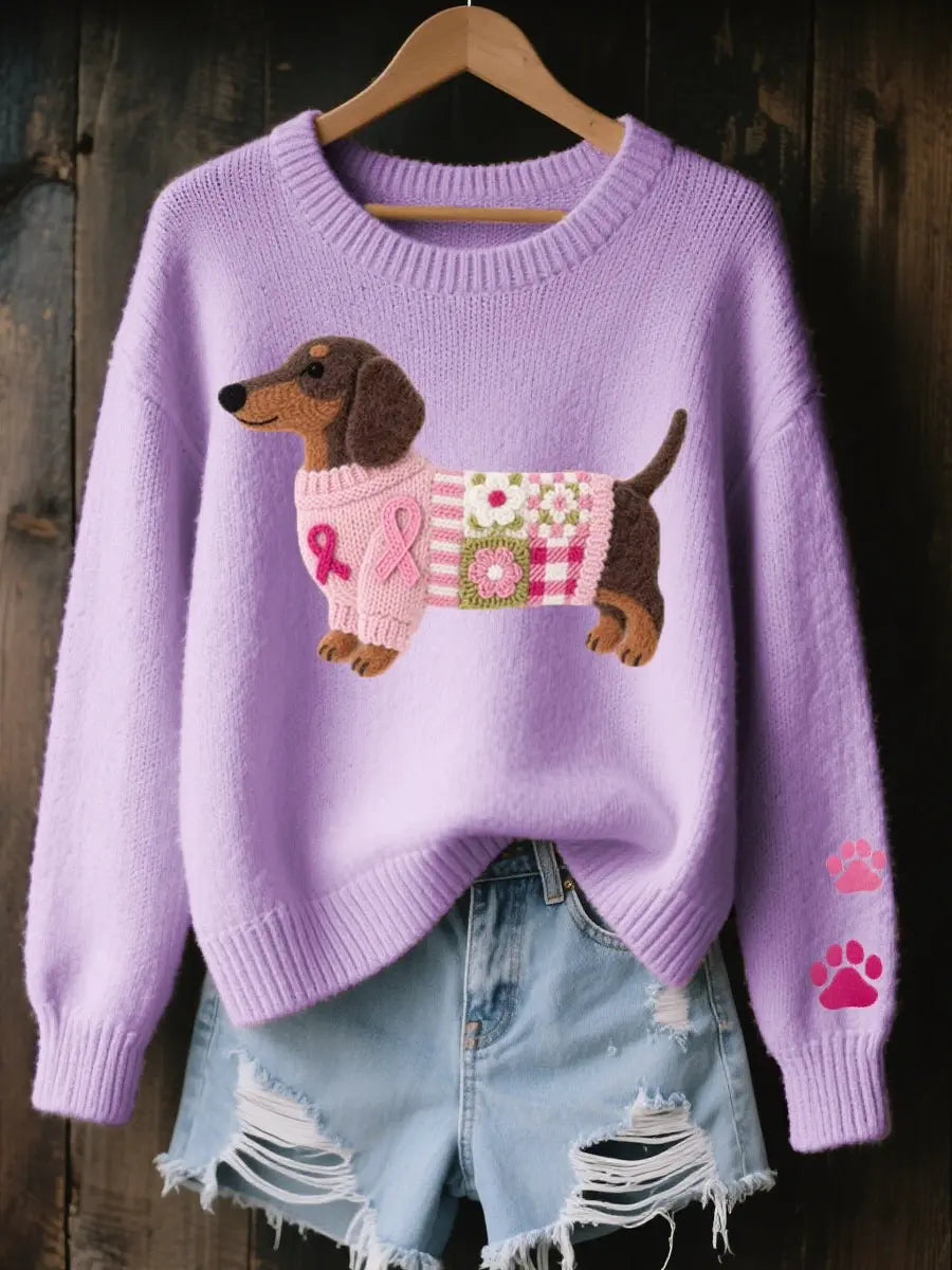 Suéter de punto para mujer con estampado floral y parches de perro salchicha