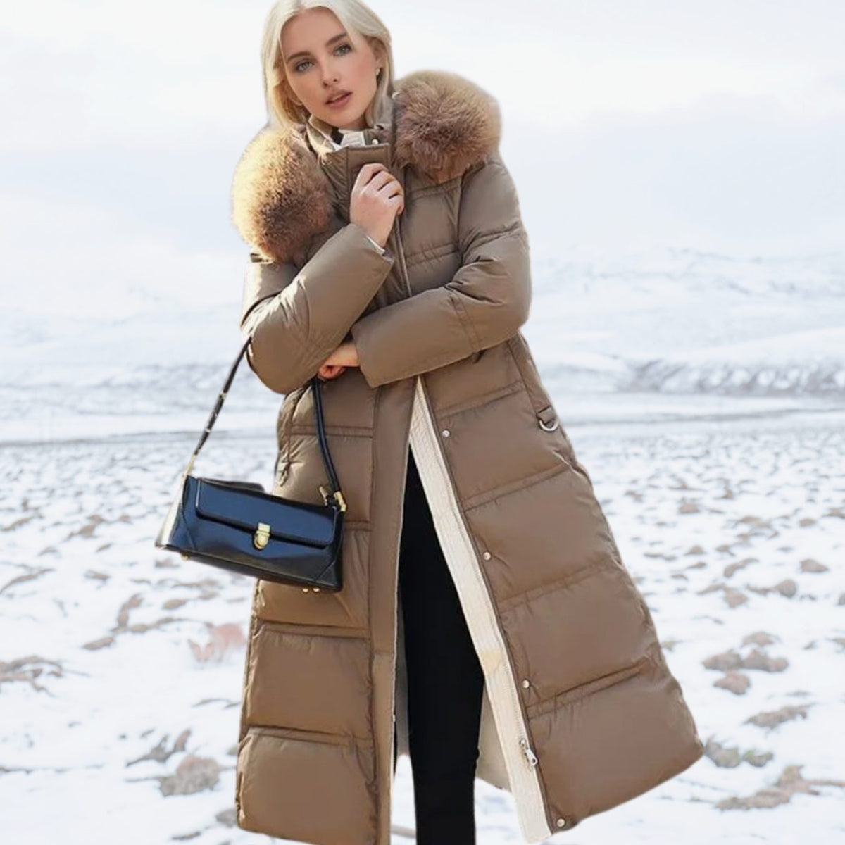 Parka larga de invierno para mujer con capucha de piel de diseño