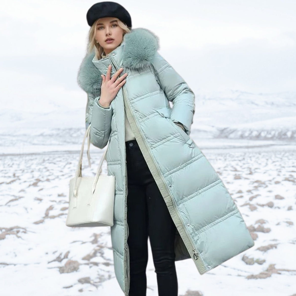 Parka larga de invierno para mujer con capucha de piel de diseño