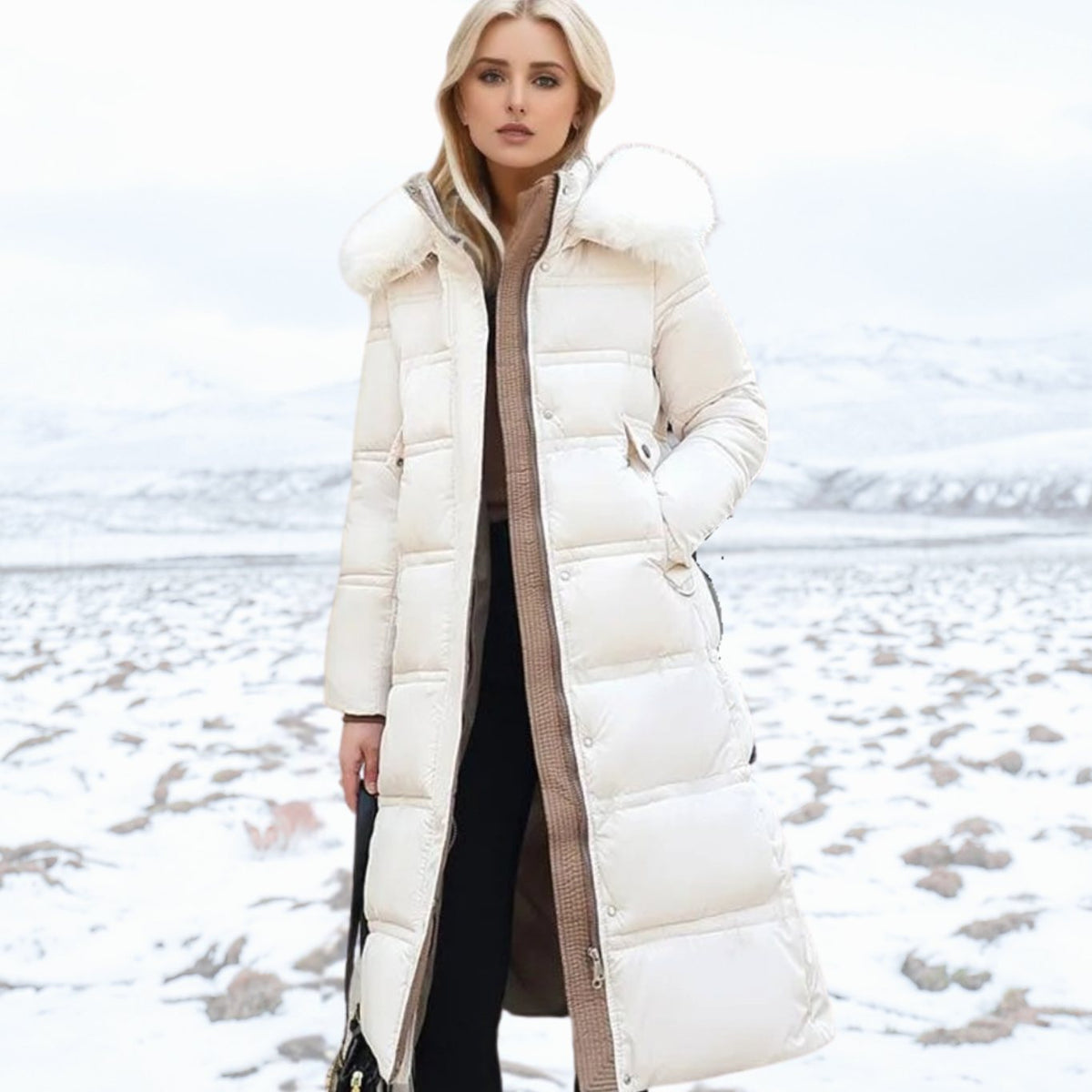 Parka larga de invierno para mujer con capucha de piel de diseño
