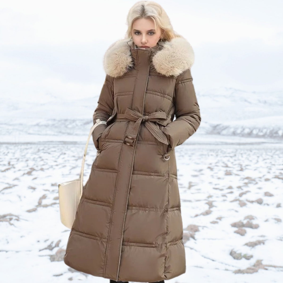 Parka larga de invierno para mujer con capucha de piel de diseño