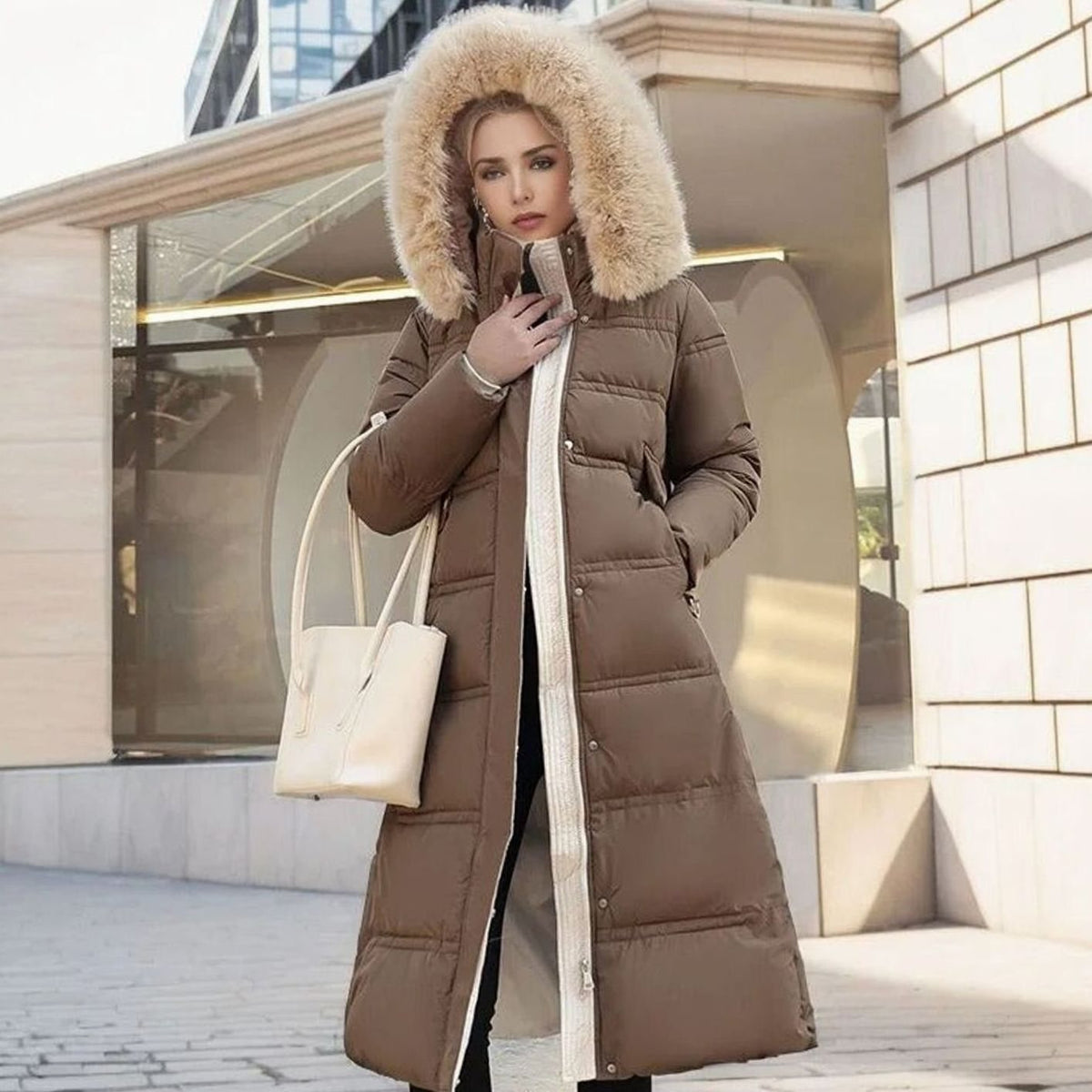 Parka larga de invierno para mujer con capucha de piel de diseño